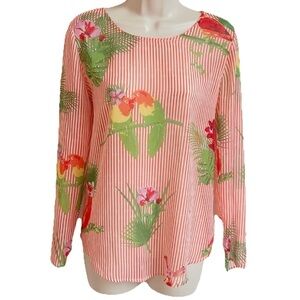 NEW Lemon Way Striped Tropical Lightweight Scoop Neck Long Sleeve Blouse Top XS